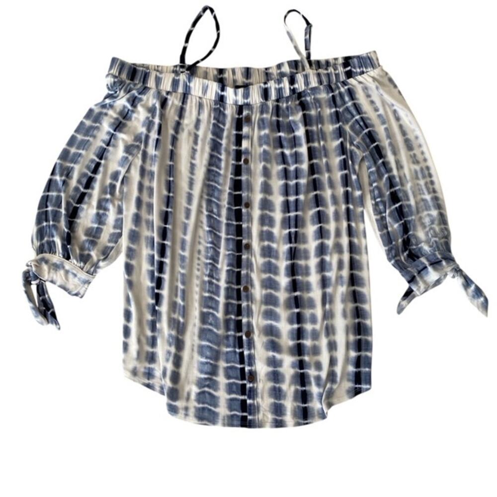 3/$21 BCX Blue and White Tye Dyed Off the Shoulders Blouse - 1X